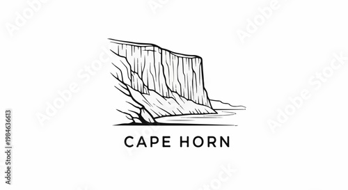 Stylized line art depicts a sheer cliff face above a calm body of water