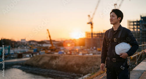 屋外の工事現場で未来を見つめる若い作業員、建設業界の採用や求人のイメージ