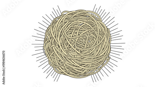 Tangled ball of beige string or yarn depicted with thin black lines radiating outwards on a clean white background.