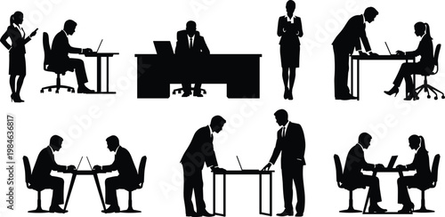 Vector silhouettes of professional business men and women in various office poses including sitting at desks using laptops standing and collaborating for corporate work concept