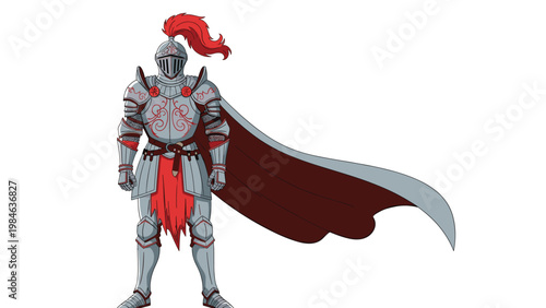 Valiant knight dressed in shiny silver plate armor with red accents and a flowing cape stands ready for battle.