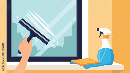 Person uses a rubber squeegee to clean a glass window while cleaning spray and a cloth sit on the windowsill.