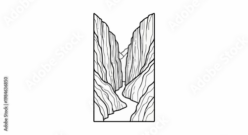 Stylized line art depicts a winding river carving through a deep, rocky canyon