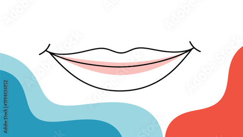 Simple line drawing of a smiling mouth with pink lips set against an abstract background of blue and red waves.
