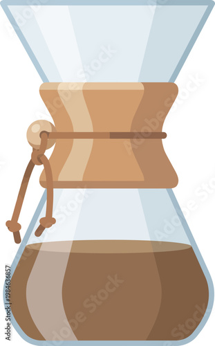A glass Chemex coffee maker with a wooden collar and leather tie, filled with freshly brewed coffee.