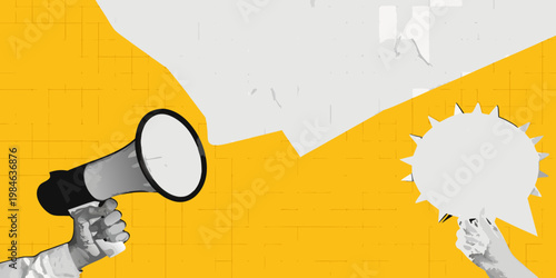 A black megaphone announcing to a blank speech bubble on yellow