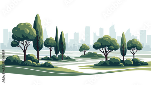 Serene city park landscape with diverse green trees and bushes in the foreground and a faint urban skyline behind.
