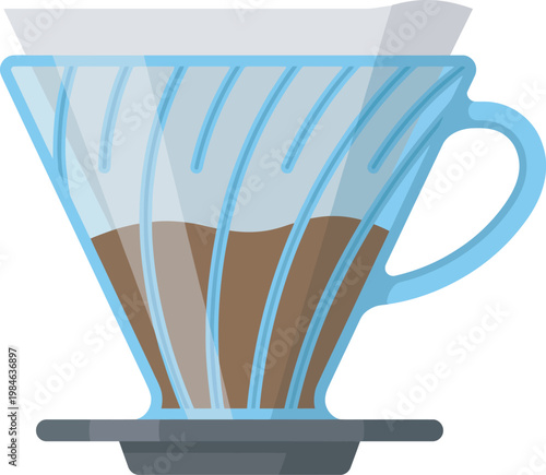 Illustration of a clear glass pour-over coffee dripper with a white filter and ground coffee inside, ready for brewing.