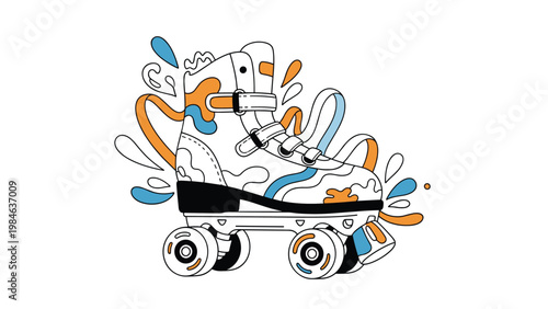 Stylish white roller skate with colorful blue and orange details surrounded by artistic liquid splashes and abstract shapes.