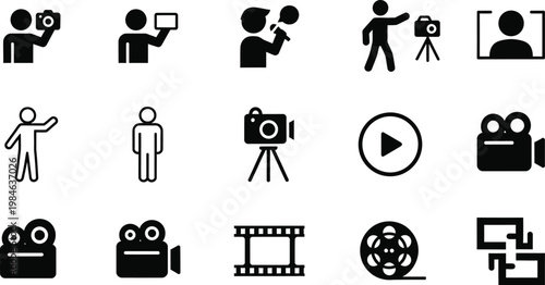 Photography and videography silhouette icon set for multimedia and content creation with photography