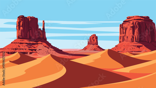 Dramatic pixel art of a desert landscape featuring towering red rock mesas and sand dunes under a clear blue sky.