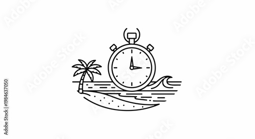 Stopwatch on a beach with palm tree and ocean waves