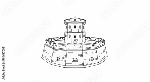 Stone fortress with a central circular tower surrounded by a fortified wall