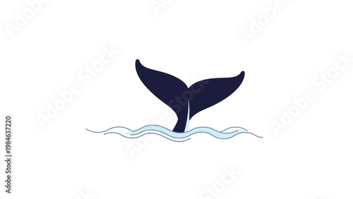 Dark blue tail of a large whale emerges from the surface of the sea as it dives deep into the ocean.