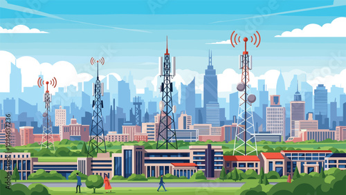 Telecommunication towers standing tall against a modern city skyline with skyscrapers and green trees under a clear blue sky.