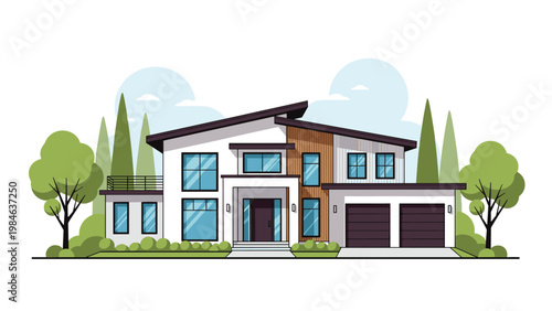 Contemporary two-story luxury house with large glass windows and a double garage surrounded by tall pine trees and green bushes.