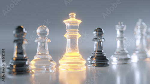 Strategic Leadership Concept. - Glowing Chess Piece Standing Out Among Transparent Figures.
