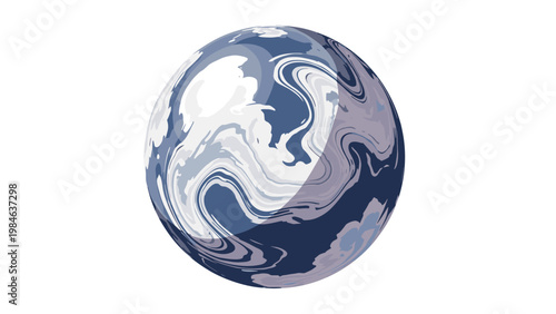 Abstract blue and white swirling marble sphere representing a distant planet or a water-themed globe on a plain white background.