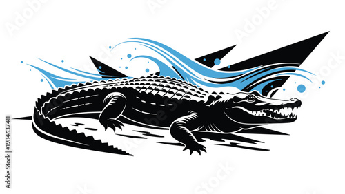 Detailed black and white illustration of a large alligator resting near abstract blue water waves on a white background.