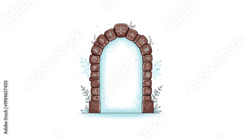 Mystical stone archway engraved with ancient magical runes glowing with a bright white light in the center of the gate.
