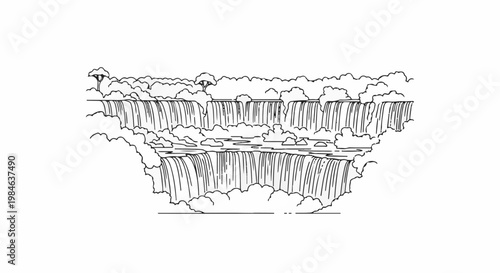 Stylized line art depicts multiple cascading waterfalls surrounded by clouds and sparse trees
