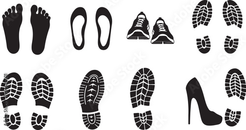 Footprints, shoe prints, foot marks, shoe icons, black silhouettes, 16 icons