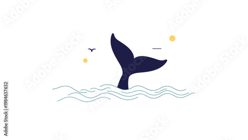 Dark silhouette of a majestic whale tail splashing into the blue sea with waves and small yellow dots in the background.