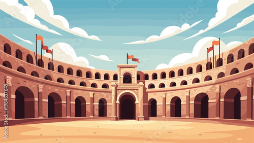 Inside view of a grand ancient Roman amphitheater with many stone arches and red flags under a beautiful cloudy sky.