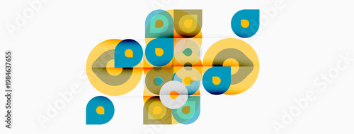 Abstract geometric shapes overlap, creating colorful composition. Circles, squares, rounded rectangles form dynamic visual pattern.