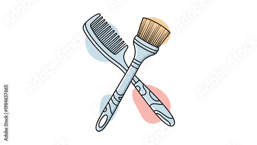Stylized illustration of a grey hair comb and a tinting brush crossed together against colorful pastel shapes.