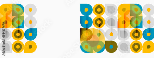 Geometric pattern repeats twice. Circles, squares, muted colors create midcentury modern aesthetic. Simple design, clean lines.