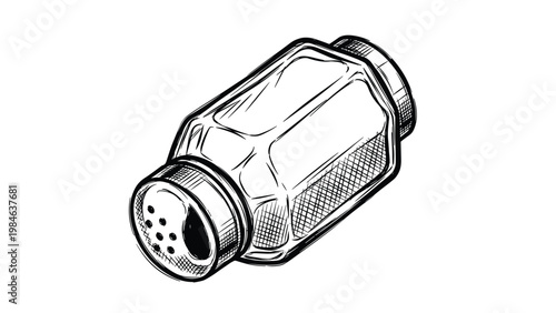 Black and white hand drawn sketch of a glass spice shaker with a perforated metal lid shown in an isometric view.