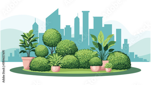 Green lush potted plants and bushes in the foreground with a light blue city skyline silhouette in the background.