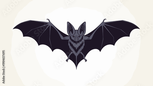 Detailed dark grey bat with large ears and a wide wingspan flying forward on a light circular abstract background.