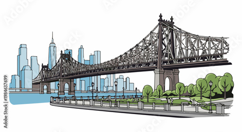 Stylized illustration of a suspension bridge crossing a river with a cityscape