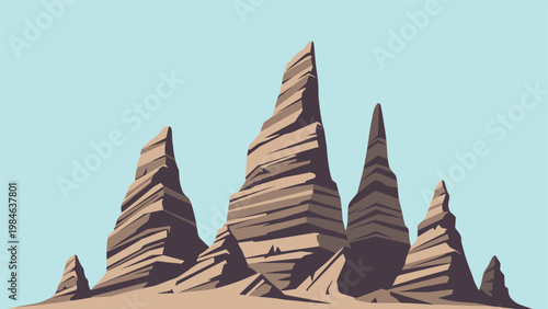 Pixel art landscape featuring tall jagged and layered rock formations under a clear light blue sky, resembling a barren desert or alien environment.