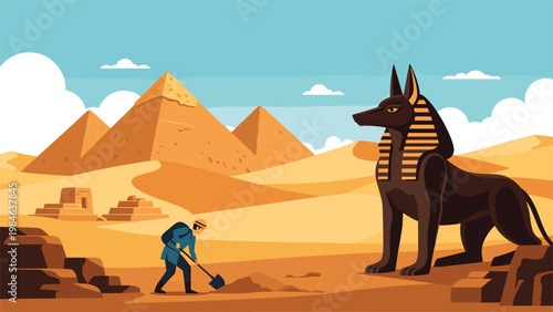 Illustration of an archaeologist digging in a desert site with pyramids and a giant Anubis statue under a bright sky with white clouds.