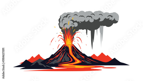 Dramatic illustration of an erupting volcano with glowing orange lava flows, bursts of fire, and a thick plume of grey smoke on white.