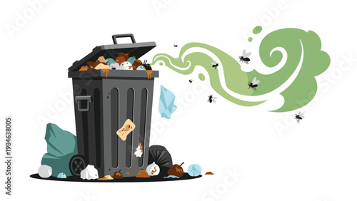 Illustration of a full grey trash can with an open lid, overflowing with food waste and surrounded by flies and a swirling green odor.