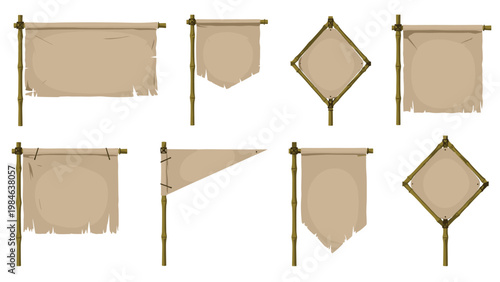 Collection of eight tattered and blank cloth banners in various shapes tied to bamboo poles with brown twine on a clean background.