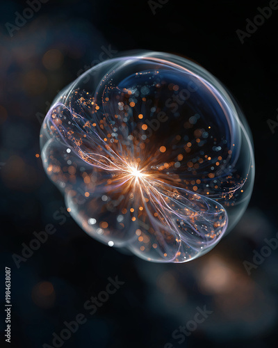 Mysterious Cosmic Energy Sphere: An abstract and ethereal image showcases a captivating cosmic energy sphere, radiating with a central bright light and intricate details.