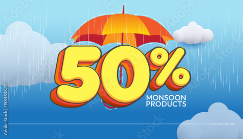 Monsoon season sale banner with 50 percent discount and umbrella