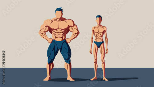 Comparative illustration showing a very muscular male bodybuilder and a thin underweight man, highlighting differences in muscle mass.