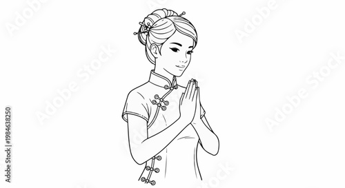 Stylized illustration of an Asian woman in a traditional dress, hands clasped
