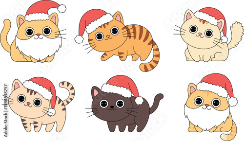 Adorable set of cute Christmas kittens wearing red Santa hats in