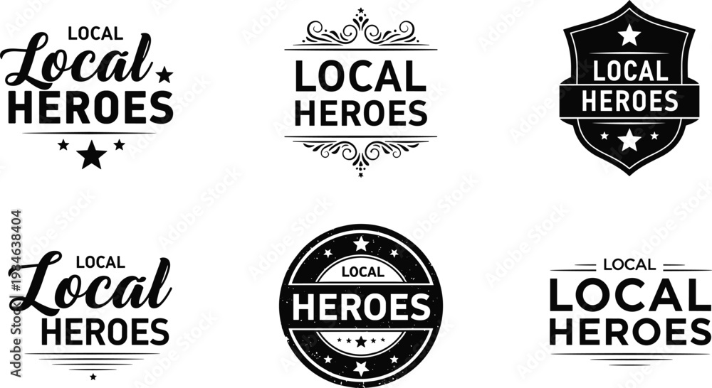 Obraz premium Local heroes logo design, community badge emblem, recognition typography art, volunteer appreciation symbol, civic pride branding, flat vector illustration