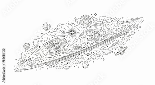 Stylized illustration of swirling galaxies, planets, stars, and cosmic clouds