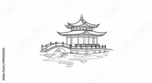 Stylized ink drawing of traditional pavilion on stilts connected by a bridge