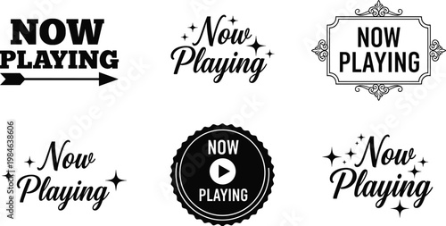 Now playing logo design, entertainment badge emblem, media typography art, movie screening symbol, broadcast graphic icon, flat vector illustration