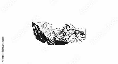 Stylized ink drawing of iconic granite domes and cliffs in a valley
